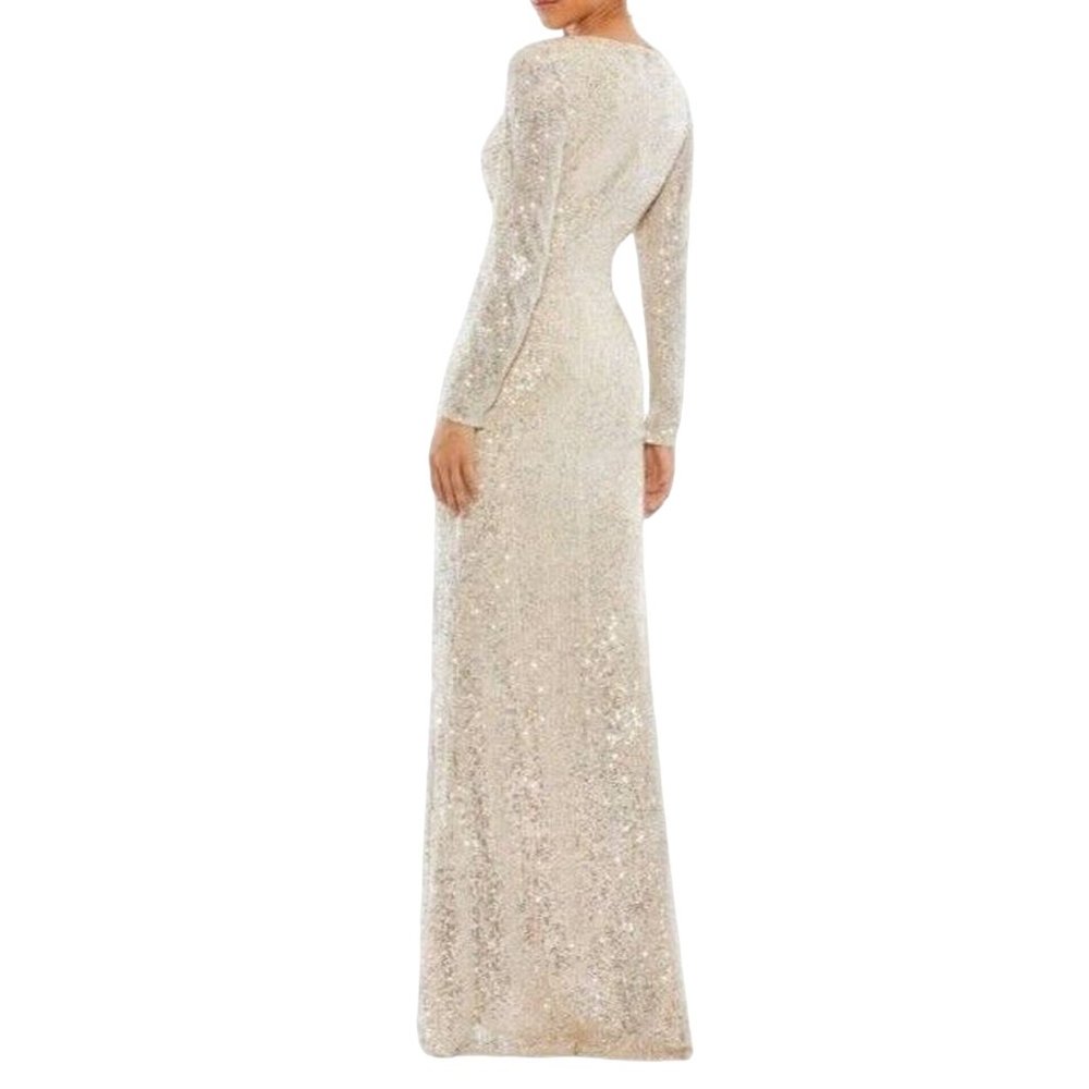 MAC DUGGAL IEENA Sequined Faux Wrap Long Sleeve Gown Size 8 NWT Nude Silver 0064